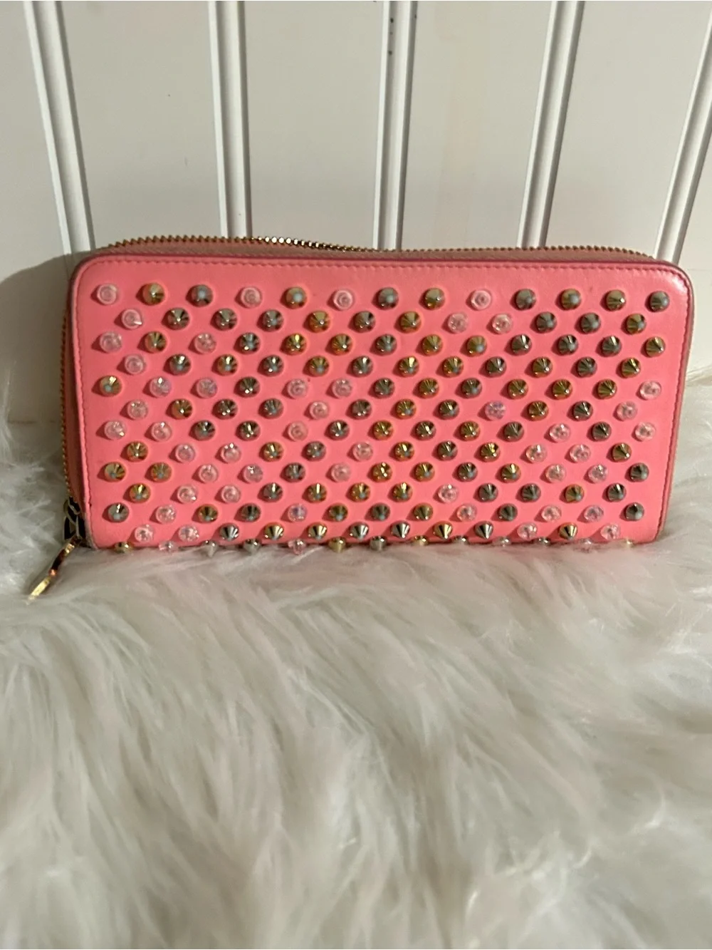 Christian Louboutin Pink Studded Zip-Around Wallet with Gold Accents